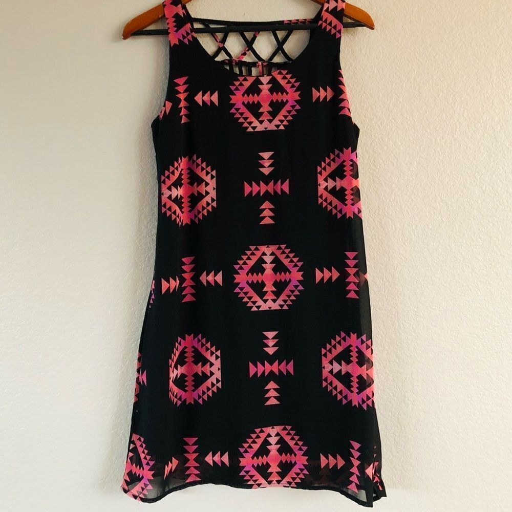 Heartsoul Black Pink Aztec Tribal Print Summer Sun Dress S